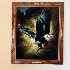 VTG Black Velvet American Bald Eagle Painting 19” x 23” 1970s